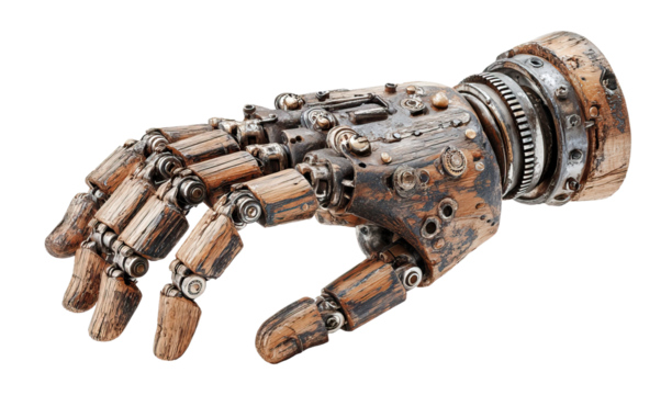 Rustic wooden robotic hand with mechanical details, isolated on transparent cutout background