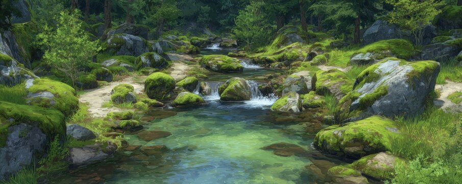Tranquil mountain stream flowing through mossy rocks
