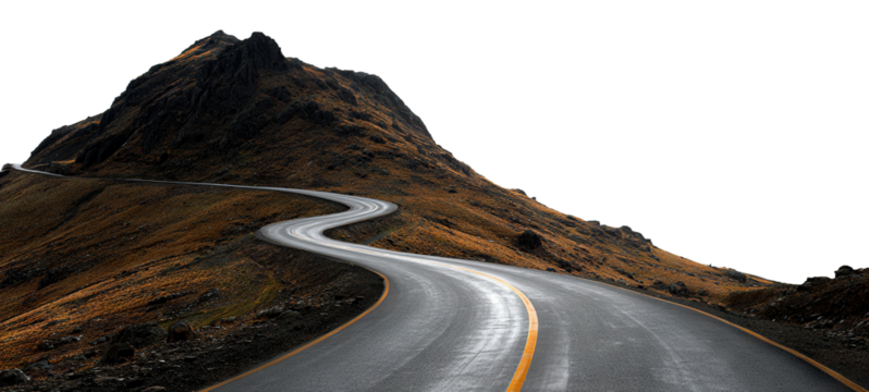 Winding asphalt road through mountain slope, isolated on transparent cutout background