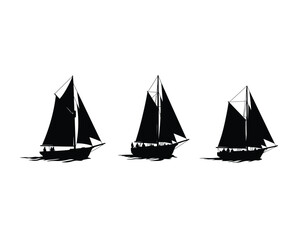 Three classic black silhouette sailboats with full sails gliding across the water in a stylized artistic representation