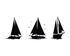 Three black silhouette sailboats with tall masts and sails on a white background evoking a sense of adventure and freedom on the open sea