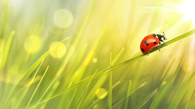 Red Ladybug Walking on Green Grass Blade in Bright Sunlight - Powered by Adobe