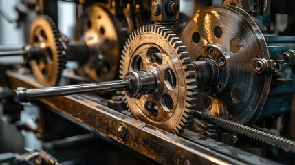 A machine part with gears and a shaft in a workshop setting.
