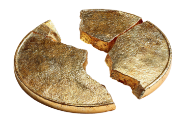 Broken golden coin split in two parts, isolated on transparent cutout background