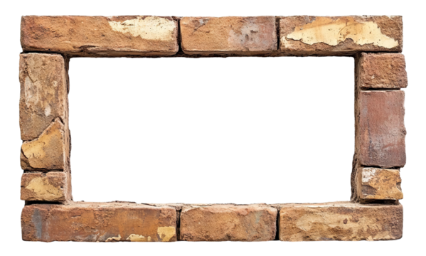 Rectangular frame made of old vintage bricks, isolated on transparent cutout background