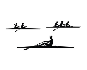 Silhouettes of rowers in boats on water showcasing single scull double scull and quad scull rowing disciplines in a dynamic composition © GolamKibria