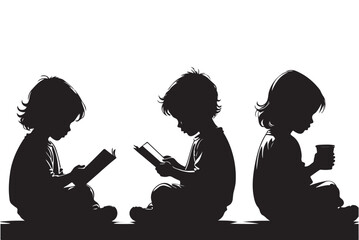 Three children silhouettes reading books and holding cup