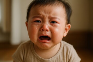 Japanese baby crying with teary eyes indoors, natural daylight, emotional expression, suitable for commercial use in family, childcare, parenting and lifestyle backgrounds