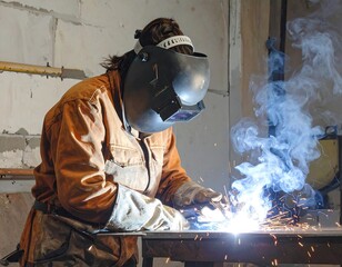 A focused worker in protective gear expertly welds metal, creating sparks and smoke in a well-lit industrial setting.