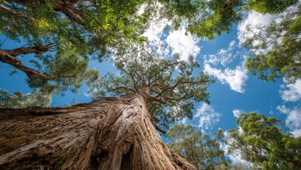 Looking up at a towering tree in a forest