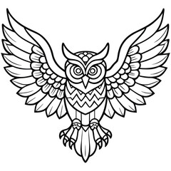 Fototapeta premium Dynamic line art vector illustration of an adult owl in flight scalable eps graphic adult coloring