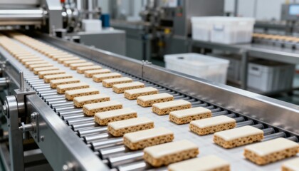 Obraz premium Food Production Line: Automated Conveyor Belt System Transporting Snacks in a Modern Food Processing Plant