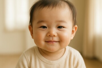 Japanese baby smiling gently with natural daylight, cute expression, warm and safe atmosphere, commercial use for family, childcare, lifestyle and wellness backgrounds