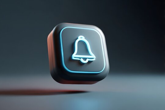 3D Notification Bell Icon with Neon Glow on Dark Background
