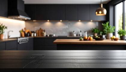 黒い木目のカウンターとキッチンの背景　生成AIイラスト