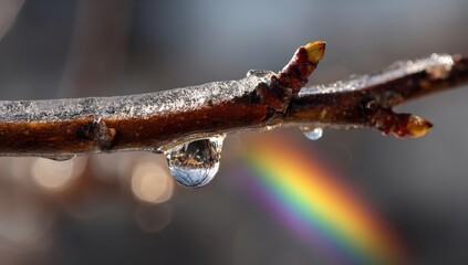 Frozen branch with dewdrop and rainbow