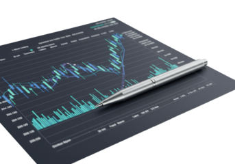 High-res digital financial trading chart with upward trend, vibrant deep blue and teal candlesticks, white line graph, and sleek silver stylus on a transparent background, professional analytical