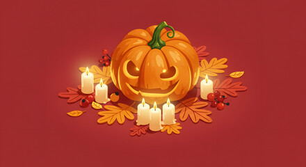 Spooky carved Halloween pumpkin glowing eerily with warm candlelight surrounded by autumn leaves and berries, perfect for festive celebrations and seasonal decor