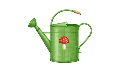 Illustration of a green watering can with a red mushroom design