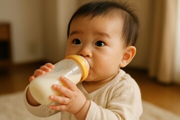 Japanese baby holding a milk bottle with tiny hands indoors, natural daylight, safe and warm atmosphere, commercial use for family, childcare, nutrition and lifestyle backgrounds