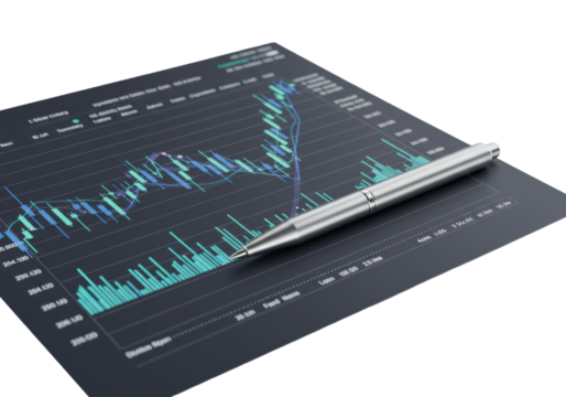 High-res digital financial trading chart with upward trend, vibrant deep blue and teal candlesticks, white line graph, and sleek silver stylus on a transparent background, professional analytical