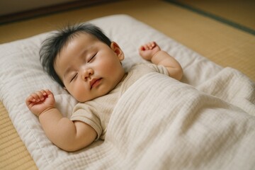 Japanese baby taking a nap on a futon with a soft blanket, natural daylight, calm and safe atmosphere, suitable for lifestyle, family, childcare and wellness backgrounds