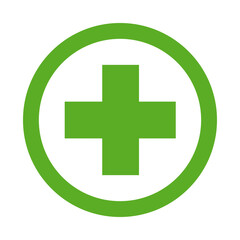 Icono grafico de una cruz rodeada de un circulo concepto de salud, medicina sanidad o emergencias sobre fondo blanco