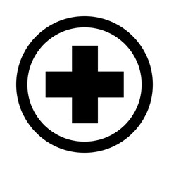 Icono grafico de una cruz rodeada de un circulo concepto de salud, medicina sanidad o emergencias sobre fondo blanco