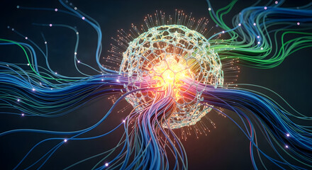 Fototapeta premium Abstract representation of a neural network with glowing connections and a central node, symbolizing artificial intelligence and complex data processing