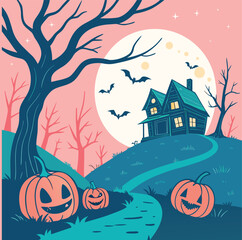 A haunted house sits on a hill under a large full moon, with jack-o'-lanterns in the foreground and bats flying.