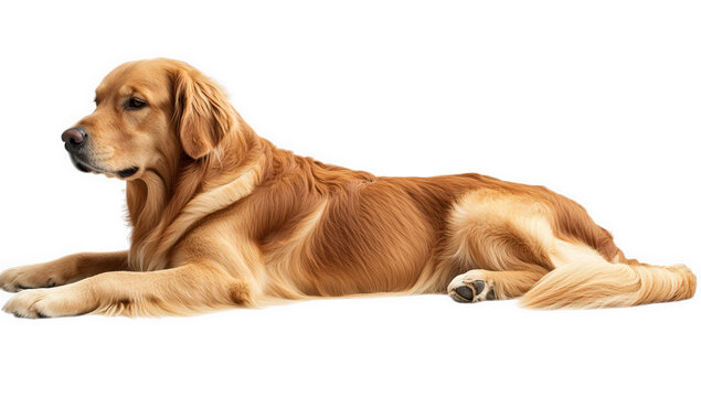 Golden retriever dog lying down looking to the side isolated on transparent background
