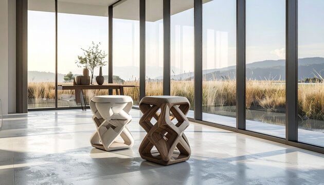 Stackable multifunctional stools with interlocking design, doubling as side tables in a minimalist setting.