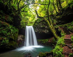 Obraz premium Lush waterfall cascading down mossy rocks in a verdant forest, creating a serene and tranquil scene.