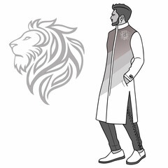 Illustration of a man wearing a white sherwani with a lion head