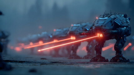 Obraz premium Futuristic AT AT Walkers Firing Lasers in a Battle Scene AI Generated