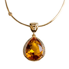 Luxurious golden rings with diamonds and amber, along with shiny earrings, are isolated on a white background
