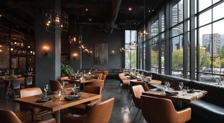 Fototapeta premium Modern restaurant interior with large windows (1)