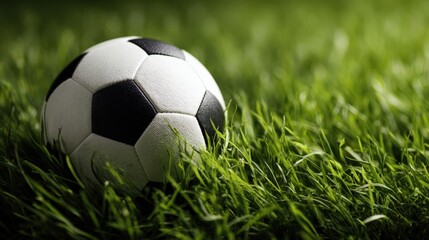 Obraz premium Close-up of classic soccer ball resting in vibrant green grass, capturing the essence of the sport