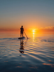 Silhouette of a man surfboarding on the beach at sunset.