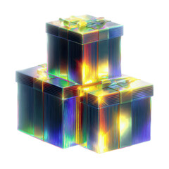 Stack of iridescent gift boxes with glowing ribbons, 3D render