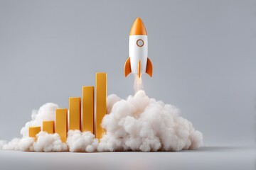 Rocket Launching Above Growth Chart with Clouds and Gray Background