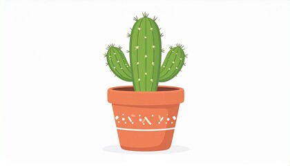 A cute, mini cactus in a patterned terracotta pot, rendered in a flat vector style with pale green segments, showcasing a simple and charming aesthetic