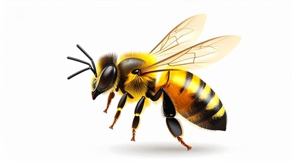 A highly detailed honeybee in profile with vectorized wings and transparent shading, captured mid-flight against a clean white background, showcasing intricate details