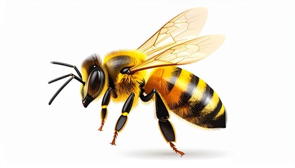 A highly detailed honeybee in profile with vectorized wings and transparent shading, captured mid-flight against a clean white background, showcasing intricate details