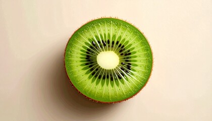A high-quality render of a cross-section of a ripe kiwi fruit, showing its rich green pulp, small black seeds, and creamy white center