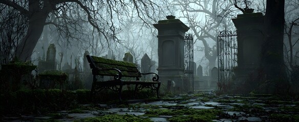 Morbid silhouettes of skeletal trees guard a forgotten bench in a misty ghostly graveyard.