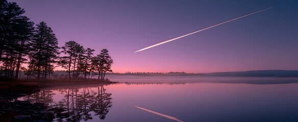 A contrail dances like a silver ribbon above lavender skies and whispering pine shadows.