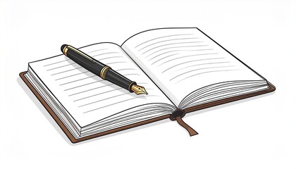 A vector drawing of an elegant fountain pen with gold trim resting on an open, lined notebook with a spiral binding, set against a clean white background