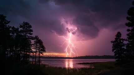 Thunderstorm lightning strike brightens a stormy woods clearing with vivid violet streaks.