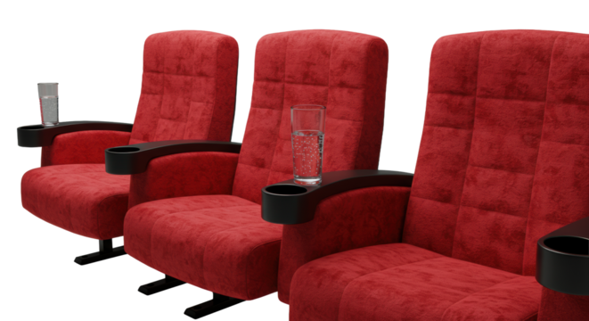 Three empty red velvet cinema seats with dark armrests, a glass of sparkling water with condensation on an armrest, isolated on a transparent background, clean high-end commercial concept